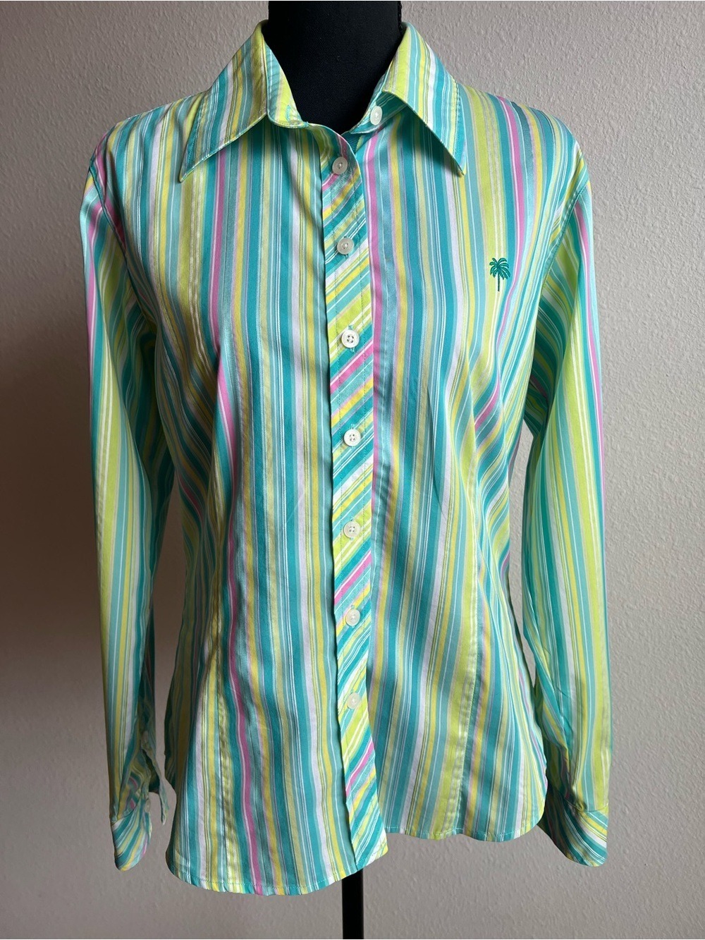 Lilly Pulitzer Pastel Striped Button-Down Shirt in Aqua, Yellow & Pink Sz. 10